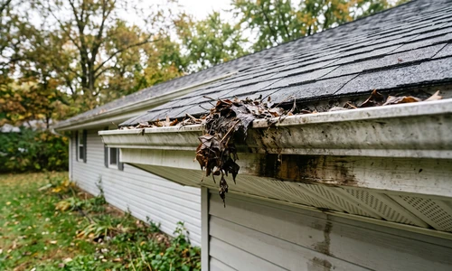 Aluminum gutter packed with wet decomposed leaves and twigs spilling over the front lip