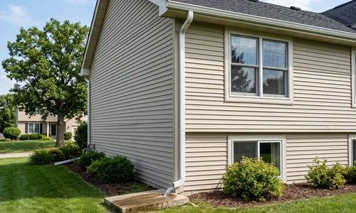 Clean aluminum gutter and full-height downspout on a two-storey house discharging water onto a splash block
