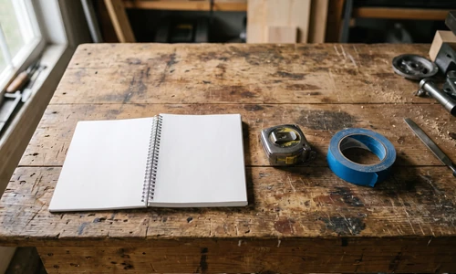 Workbench with a blank notepad, a closed tape measure, and a roll of painter's tape resting flat