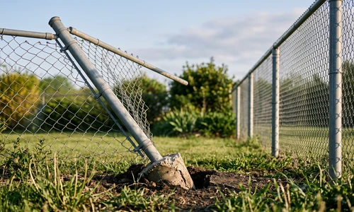 Chain link fence with one metal post leaning noticeably out of plumb, concrete footing exposed at the base, morning light