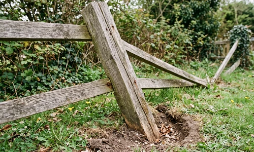 Weathered wooden fence post leaning out of plumb with disturbed soil pulled open around its base