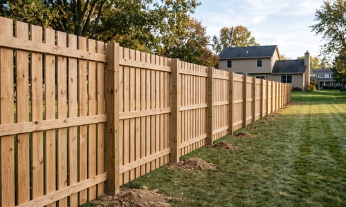 Completed wooden fence line standing plumb with evenly spaced posts and freshly compacted soil at each base