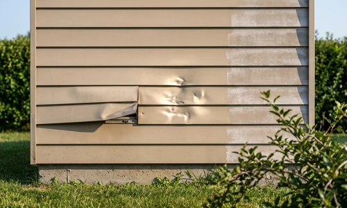 Exterior aluminum siding wall showing several damage types together, a loose panel edge, a small dent, and a faded section, morning side light