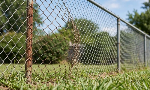 Residential chain link fence with one visibly bent and rusted section, sunny backyard setting