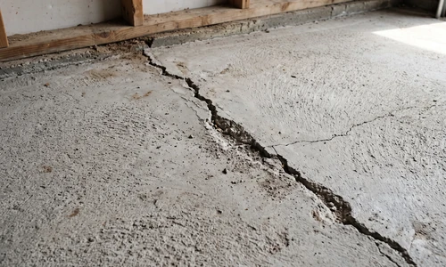 Images/Corporate Site/Blog Images/how-to-fix-cracked-concrete-floor_AHS_generic_081826_img1.webp Jagged crack across a grey concrete garage floor slab with spalled edges and dust along the crack