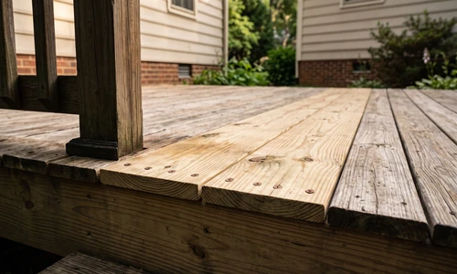Deck board lifted clear of its joist, curling an inch above the neighbouring boards with a gap beneath
