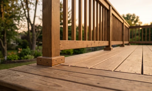 Finished deck railing shot low along the run showing a tight post base connection and a clean sealant line