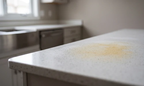 White quartz kitchen countertop with a faint yellow discoloration patch spreading near a window, natural daylight