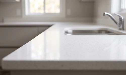 Restored white quartz countertop with even color across the surface and no yellowing near the sink, soft window light