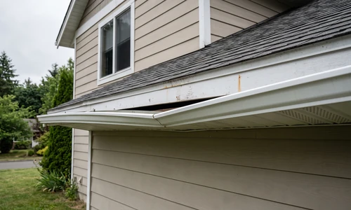Images/Corporate Site/Blog Images/how-to-fix-gutter-pulling-away-from-house_AHS_generic_081826_img1.webp Intact aluminum gutter separated from the fascia of a two-storey house, leaving a wedge-shaped gap along the eave