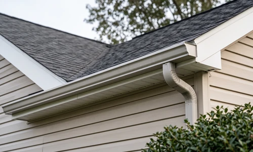 Corrected gutter run pitched toward the downspout, trough freshly rinsed and empty with the downspout elbow seated flush to the outlet