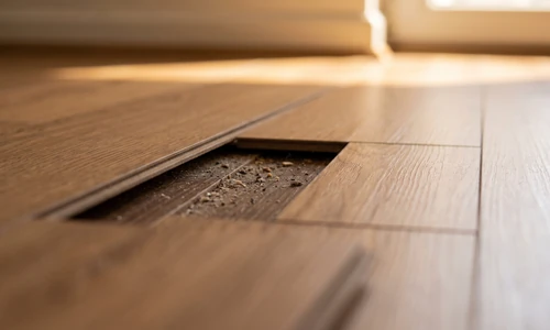 Open gap running between two laminate planks in a sunlit room, dust and grit collected in the seam