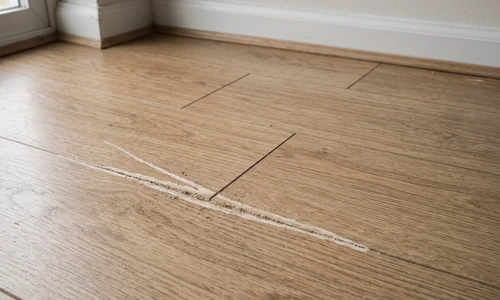Laminate plank floor under raking light showing plank seams and a pale linear scratch across two planks