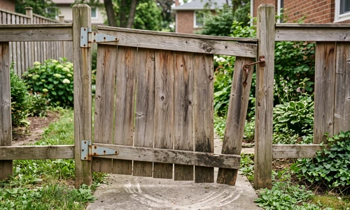 Wooden fence gate hanging out of square with the bottom corner dragging on a concrete walkway