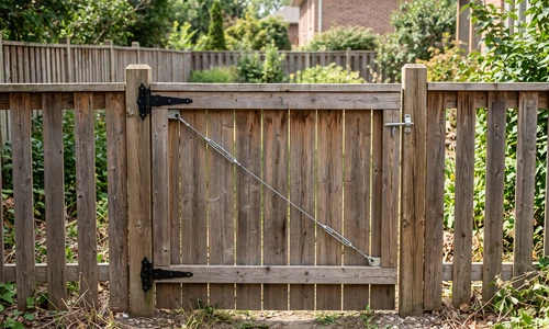 Level wooden fence gate with an even latch-side gap and a taut cable and turnbuckle brace across the back