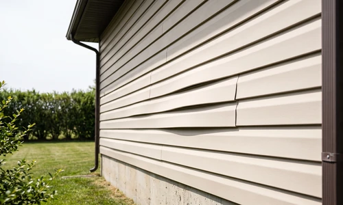 Vinyl lap siding wall with several courses bowed outward between fastening points, butt seams pushed slightly out of alignment