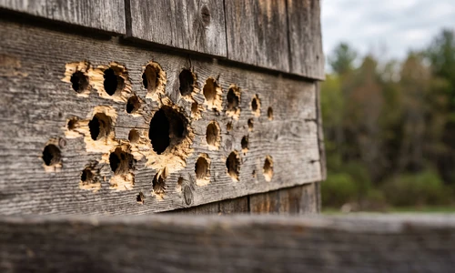 Cluster of woodpecker holes at varying sizes in cedar siding, morning light casting shadows across the damage