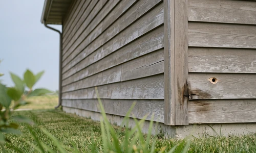 Weathered cedar lap siding at a house corner showing a darkened rot area at the board ends and a small bored hole