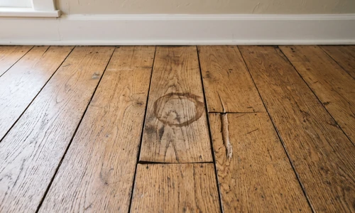 Oak hardwood floor with a cupped water-stained board, a deep gouge, and fine surface scratches