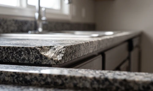 Chipped granite countertop corner near a kitchen sink, natural light picking out the mineral pattern and the missing flake