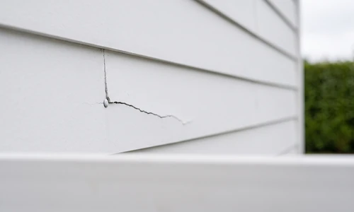Hairline crack running through a course of white fiber cement siding, flat daylight