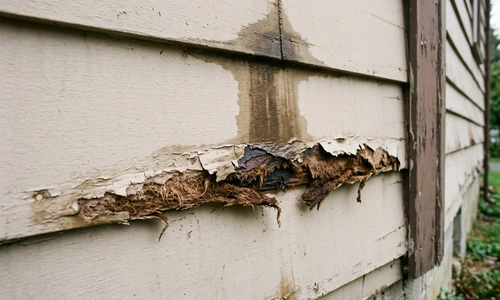 Painted hardboard lap siding with a swollen delaminating bottom edge, flaking paint, and a water stain