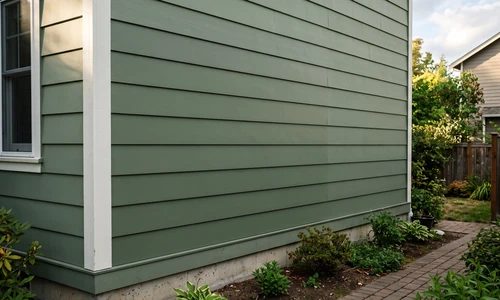 Repaired and repainted hardboard lap siding with straight courses and a smooth uniform finish