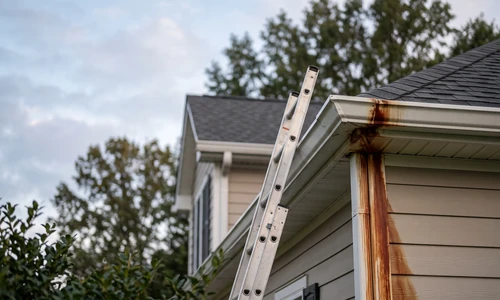 Aluminum gutter run with a dark water stain streaking down from a corner joint, ladder braced below, morning light