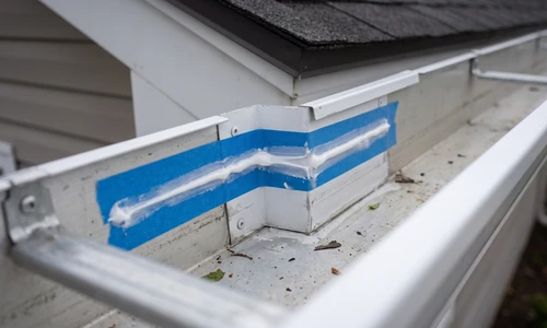 Fresh sealant bead tooled along the inside corner joint of an installed gutter, painter's tape masking a crisp line on both sides