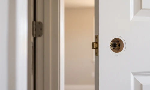 Interior door at hardware height with the knob removed, the bare bore showing the square spindle hole and the brass latch plate set in the door edge