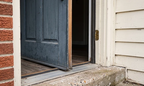 Front door edge, jamb, and threshold from outside showing the gap across the width of the opening