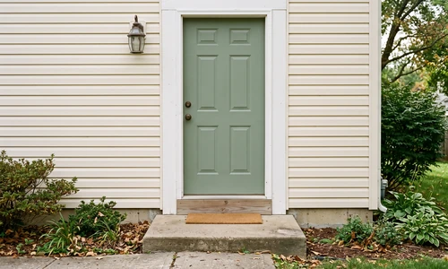 Finished residential front entryway with a properly fitted painted door, clean trim, and a concrete stoop