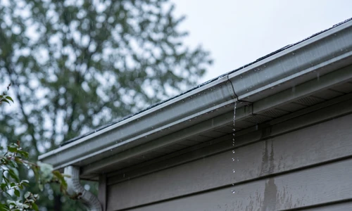 Gutter line of a two-story home during light rain with water escaping at a seam and dripping down the siding below