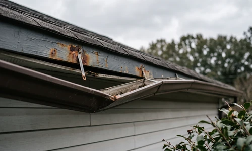 Rusted gutter section sagging away from the fascia board, showing multiple stress points along the run