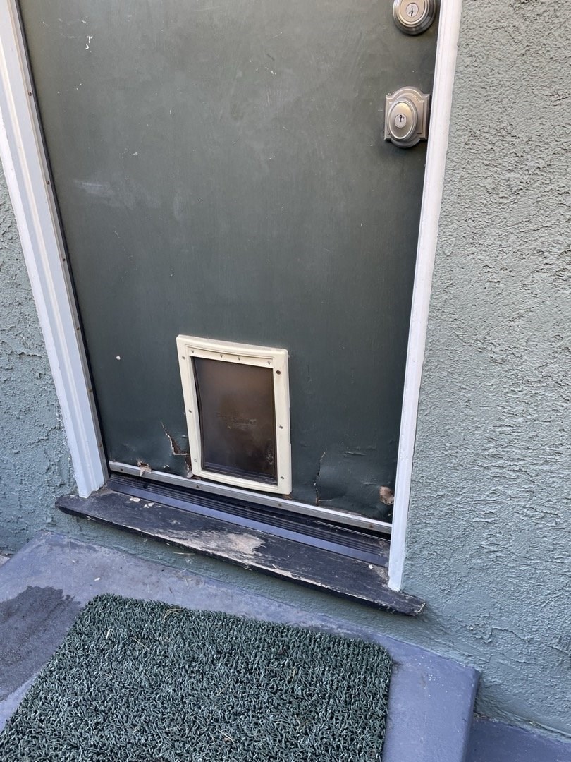 Cracked exterior door worn through at the bottom around the old pet door