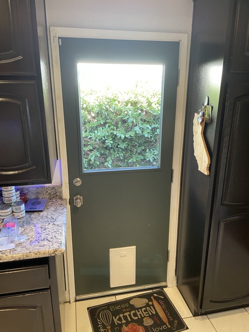 New half-glass exterior door with a new pet door, painted to match the home