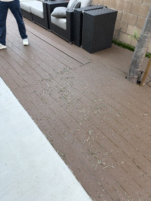 Composite backyard deck with one section that dipped underfoot Composite backyard deck with one section that dipped underfoot
