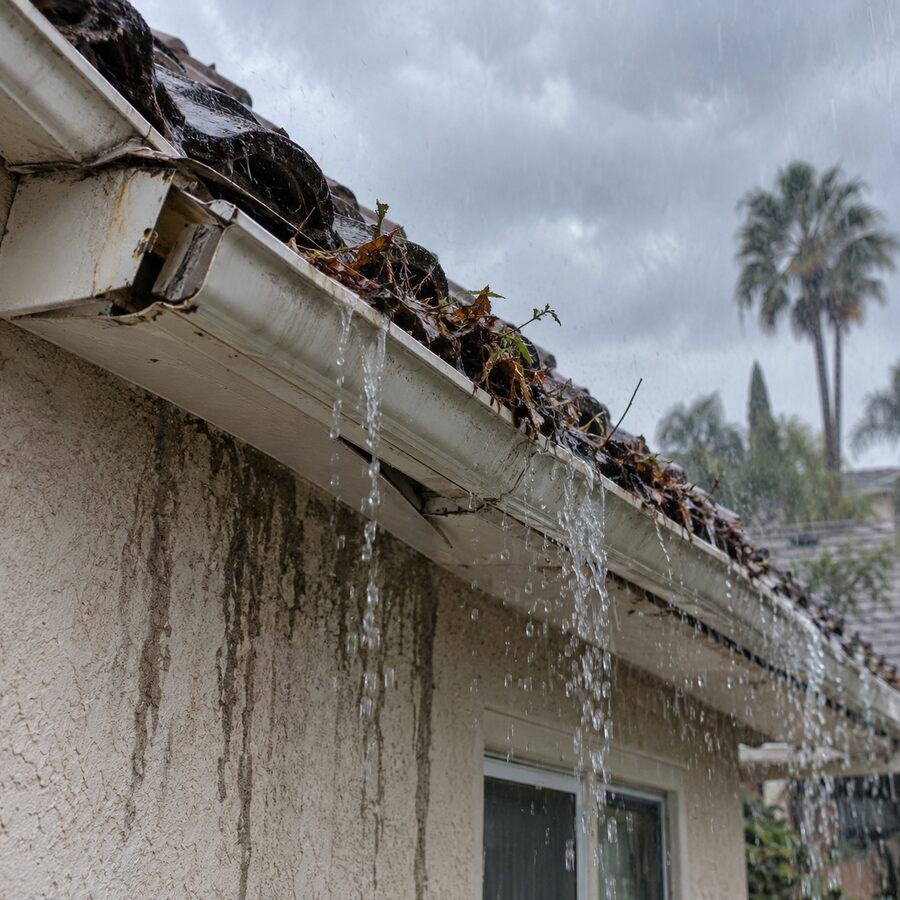 https://acehandyman-dss.ingeniuxondemand.com/Images/Offices/California/South Bay/images/El Nino Checklist Blog/clogged-gutter-overflowing-rain.jpg Clogged gutter overflowing with rain and leaves onto a stucco wall
