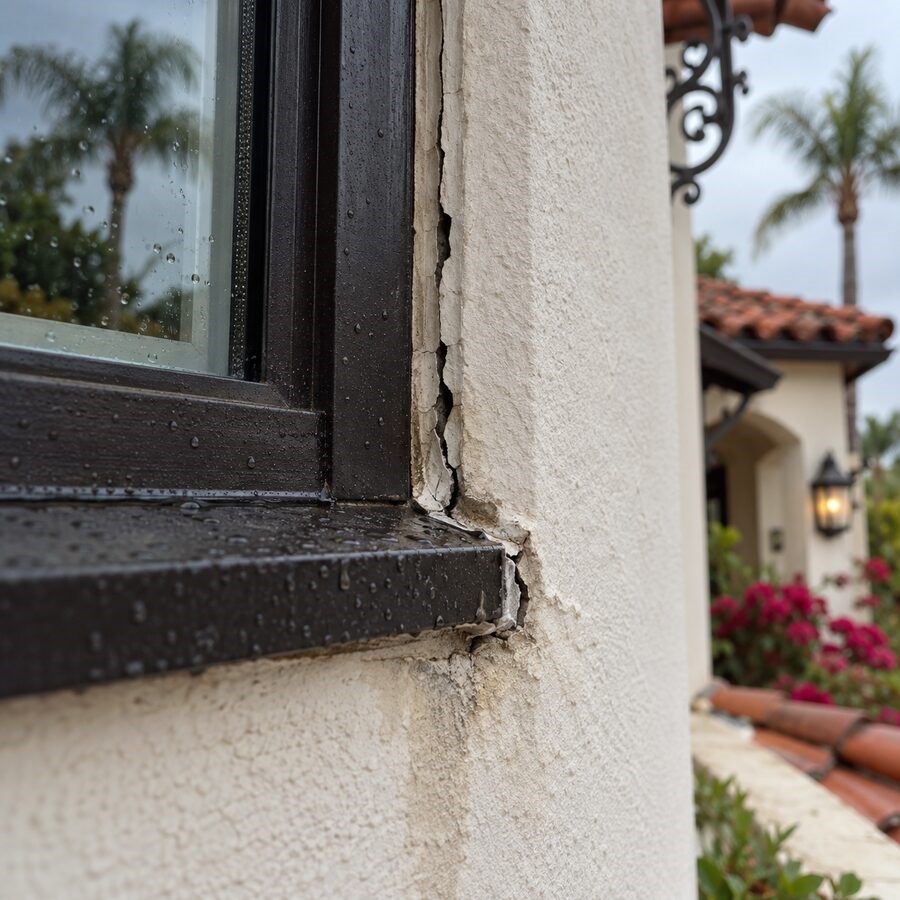 https://acehandyman-dss.ingeniuxondemand.com/Images/Offices/California/South Bay/images/El Nino Checklist Blog/cracked-window-caulk-rain.jpg Cracked, missing caulk around a window frame on a stucco home in the rain