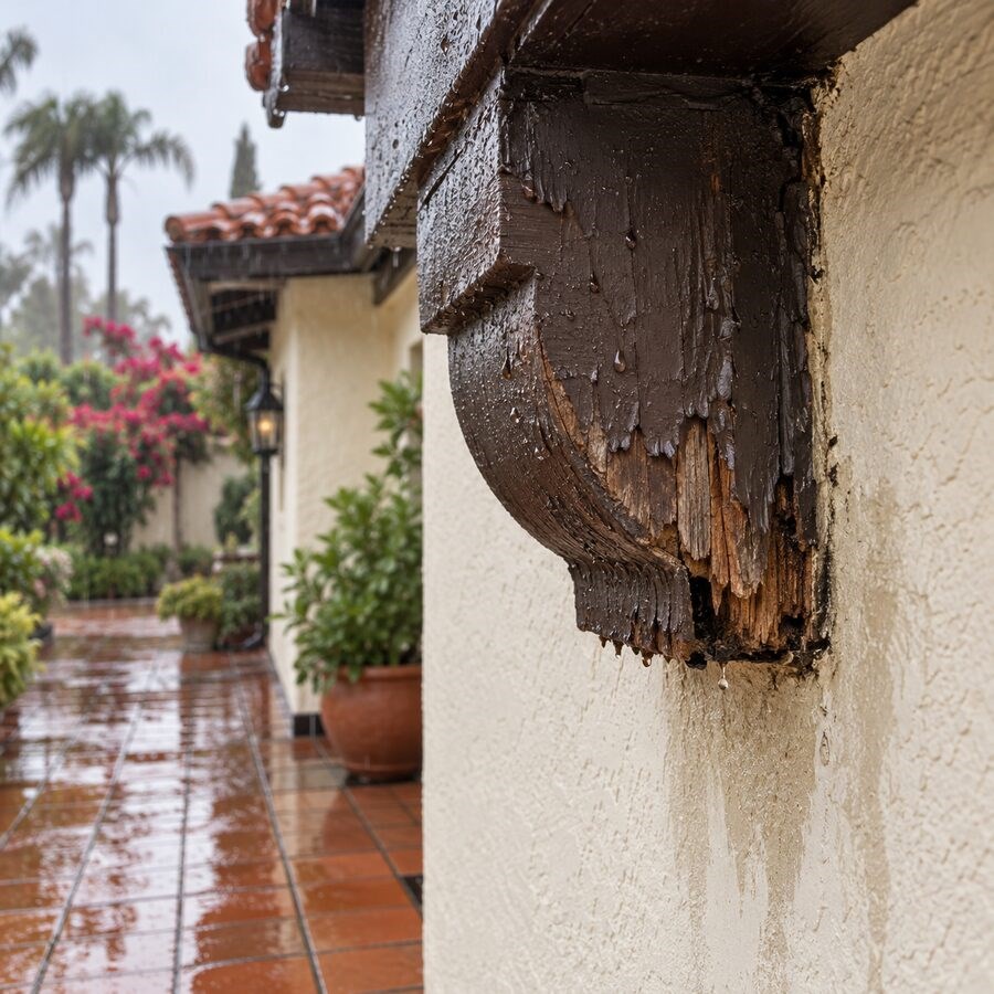 https://acehandyman-dss.ingeniuxondemand.com/Images/Offices/California/South Bay/images/El Nino Checklist Blog/rotted-wood-trim-rain.jpg Rotted, peeling wood trim under the eaves of a stucco home