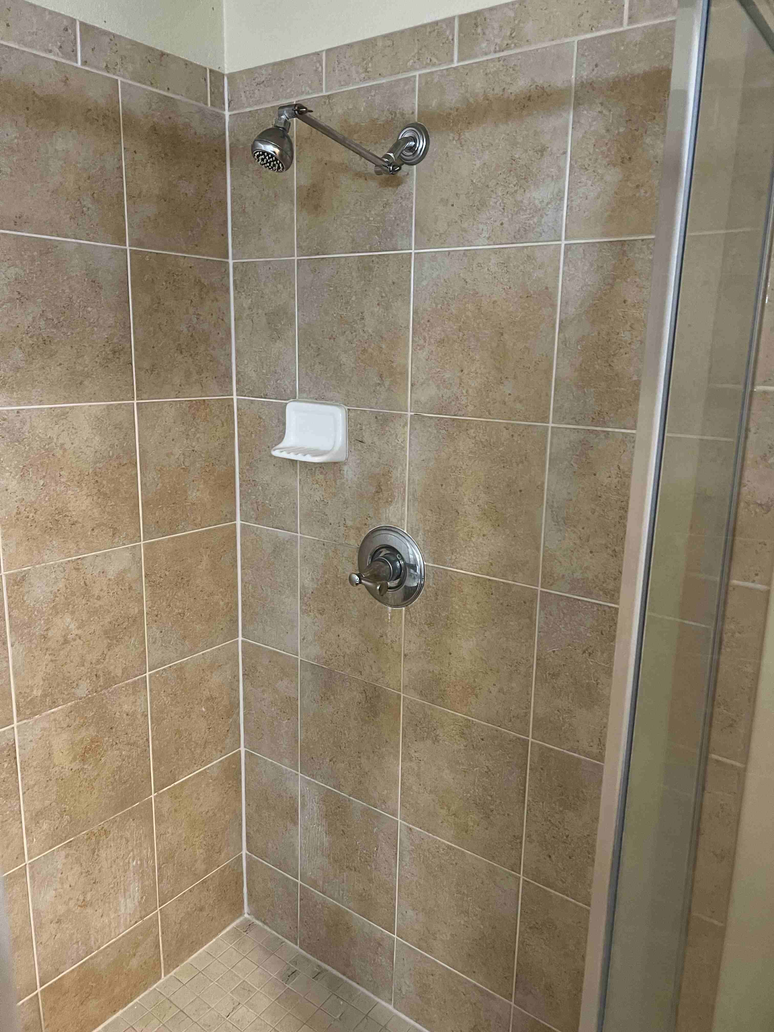 Tiled shower area with handle and showerhead visible.