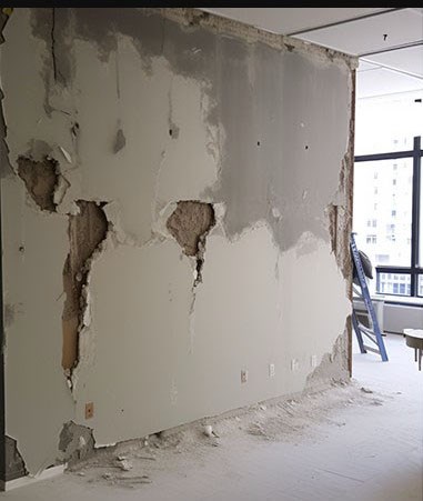 Damaged wall with exposed areas and debris on the floor.