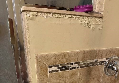 Damaged bathroom wall and tiles, purple brush on shelf.