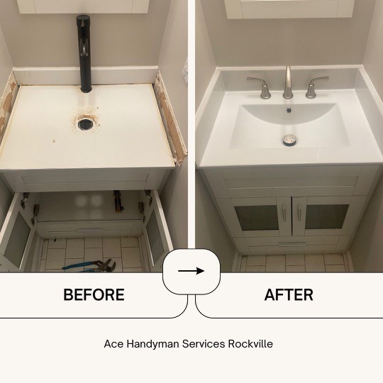 Before and after bathroom sink installation comparison.