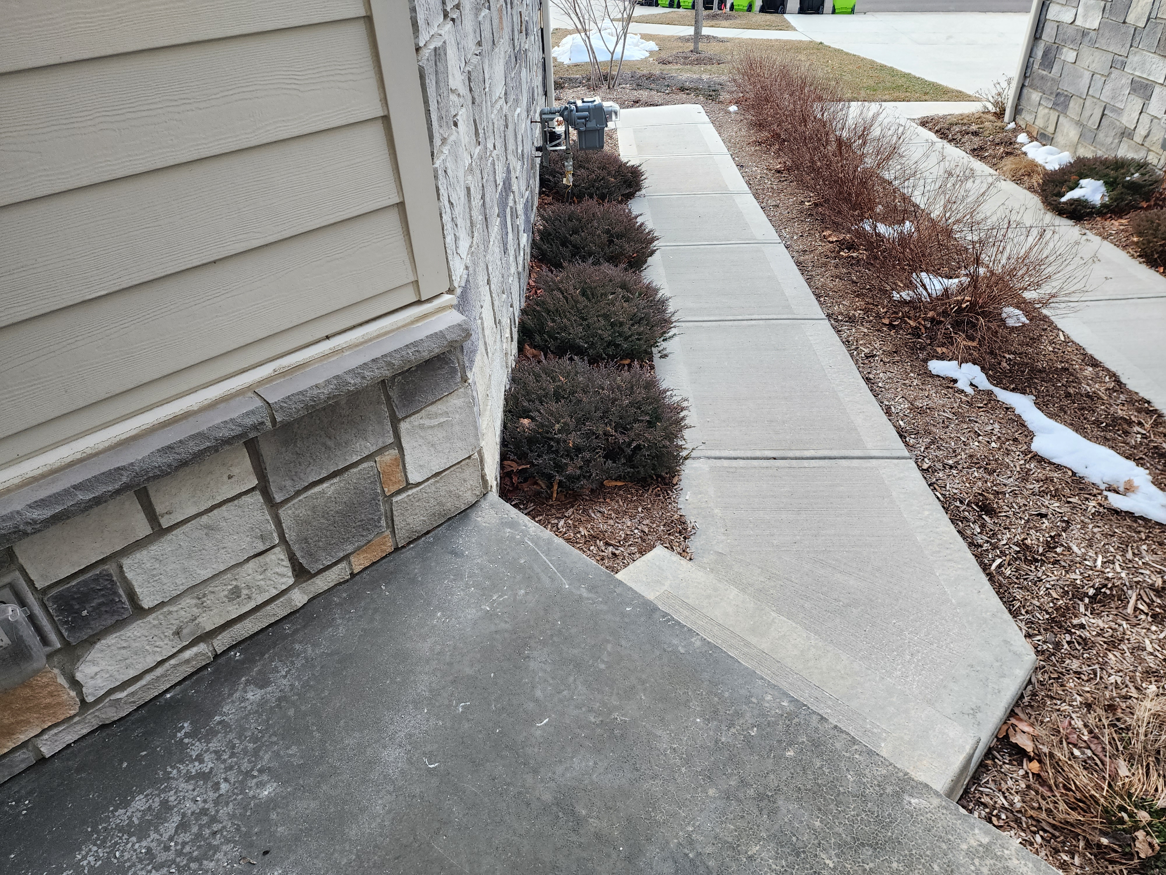 Concrete walkway beside house exterior with bushes.