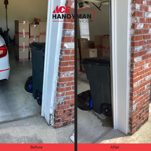 Damaged garage door frame with trash bin inside.