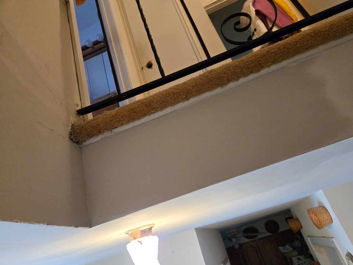 Indoor staircase corner with carpet and railing, pre-renovation.