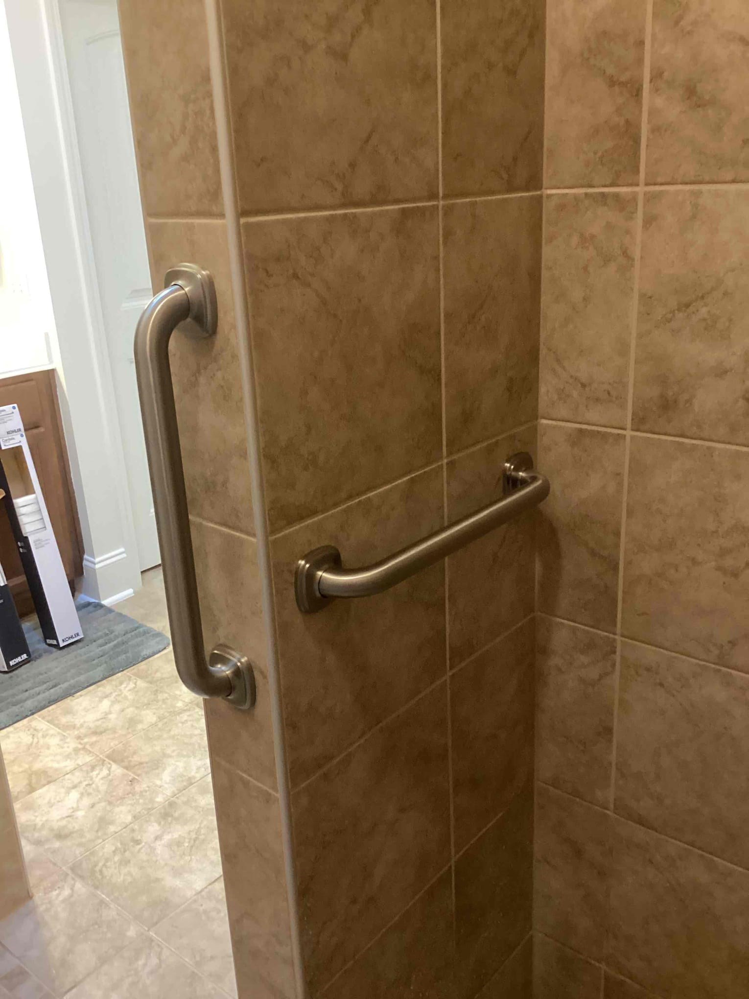 Flowers Plantation (Clayton NC) tile shower grab bar installation