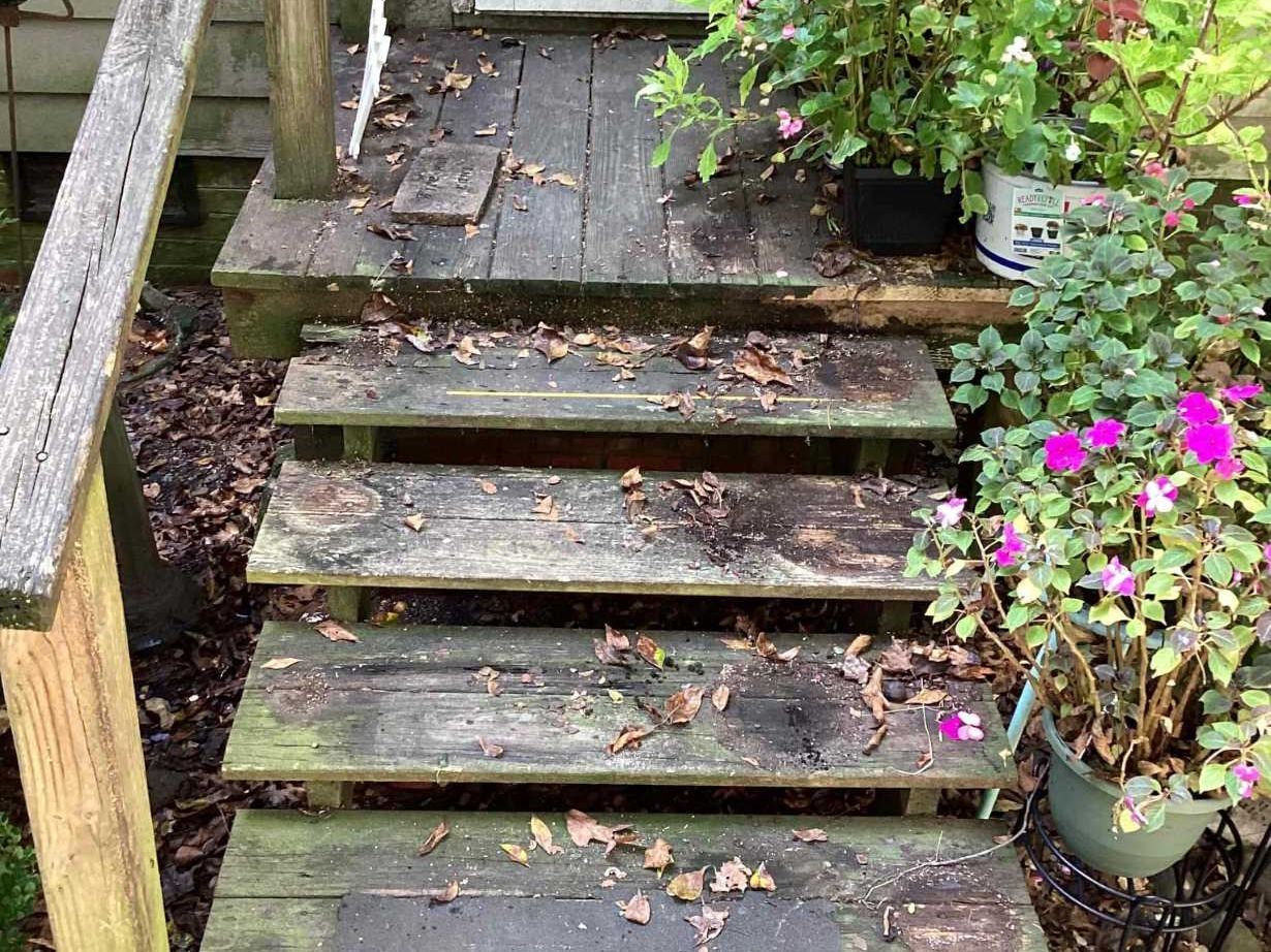 https://acehandyman-dss.ingeniuxondemand.com/Images/Offices/North Carolina/Durham Chapel Hill/37209884-weathered-deck-stairs-durham-27707-before.jpg Weathered wood deck stairs in Durham, NC with moss, debris, and worn surfaces before repair