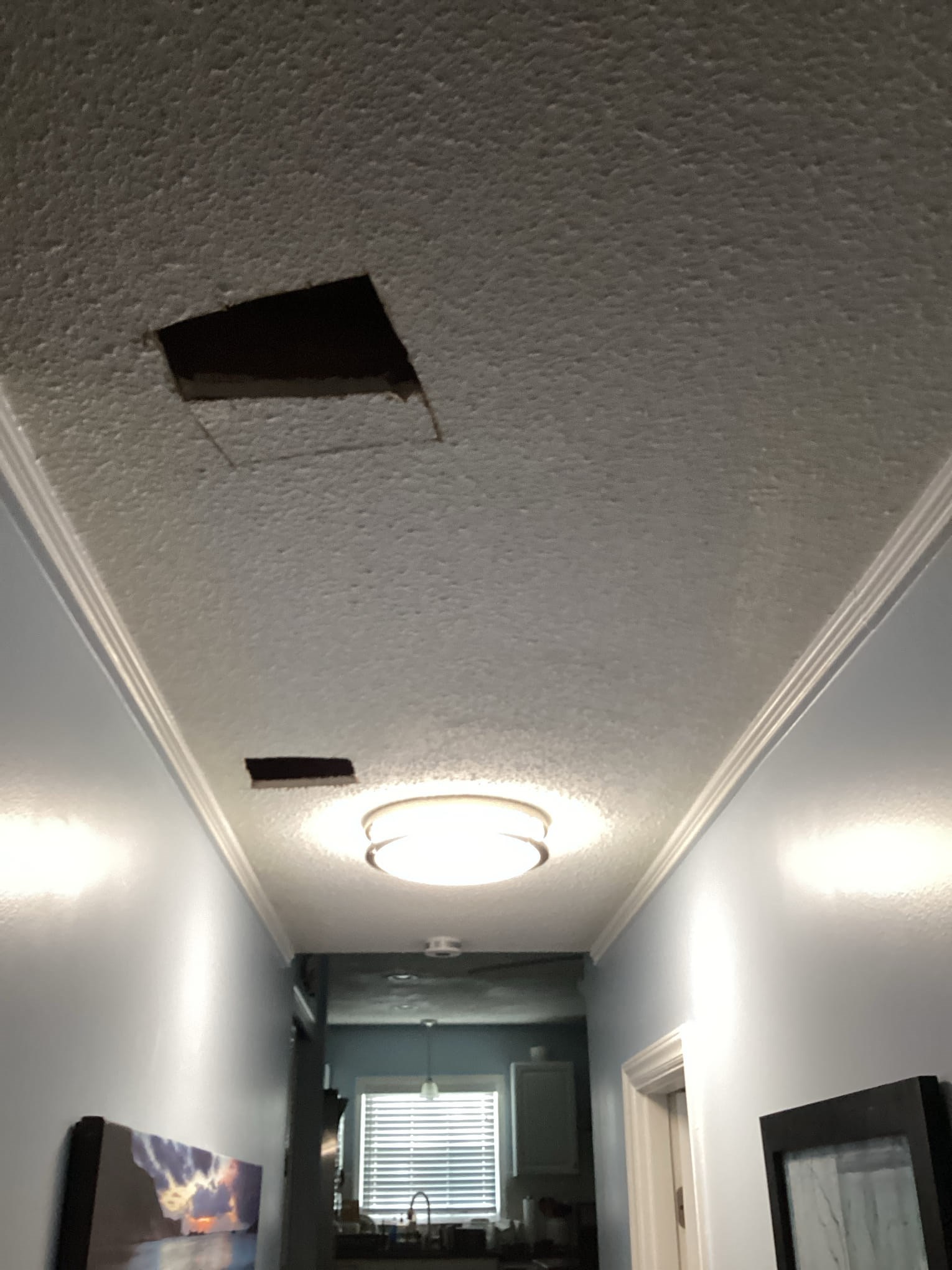 https://acehandyman-dss.ingeniuxondemand.com/Images/Offices/North Carolina/Greater Triangle/images/23108118-ahs-clayton-garner-nc-27529-popcorn-ceiling-repair-hallway-ceiling-hole.jpg Before image of textured drywall ceiling damage